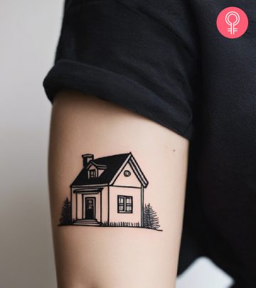 A house tattoo on the upper arm