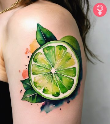 A lime tattoo on a woman’s upper arm