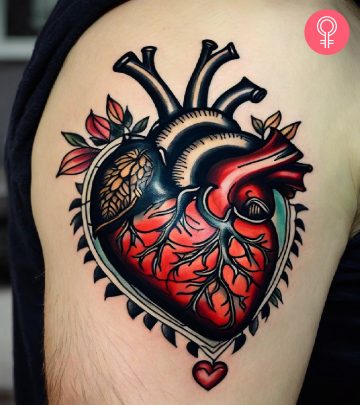 A man wearing a traditional anatomical heart tattoo on the upper arm