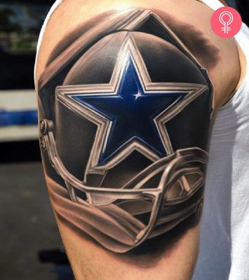 A man with a Dallas Cowboys star tattoo on the upper arm
