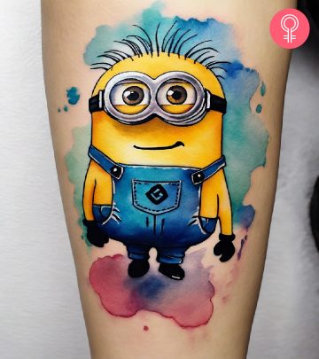A minion tattoo on the forearm of a woman