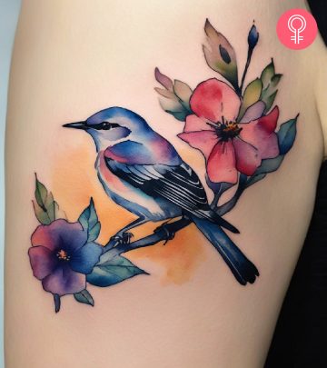 A mockingbird tattoo on a woman’s upper arm