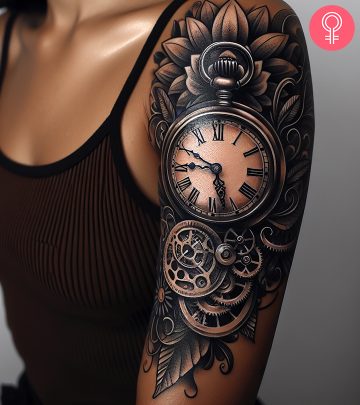 A pocket watch tattoo on a woman’s arm