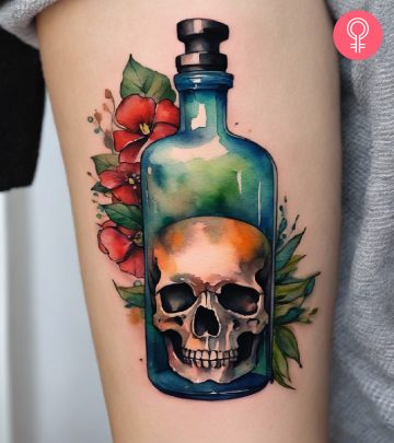 A poison bottle tattoo on the upper arm of a woman