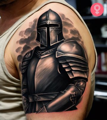 A realistic Templar Knight tattoo on the shoulder cuff and upper arm