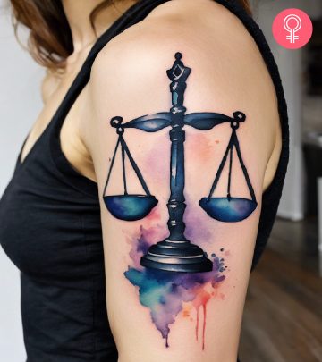 A scales of justice tattoo on the upper arm of a woman