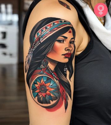 A traditional navajo tattoo on the upper arm of a woman
