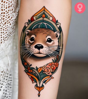 A traditional otter tattoo with flowers on the forearm