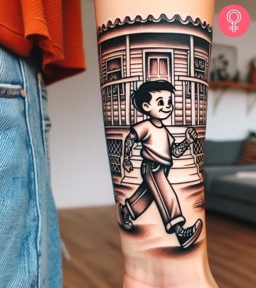 A walking tattoo on the forearm of a woman
