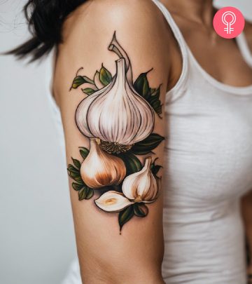 A woman flaunting a garlic tattoo on her arm