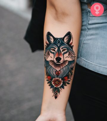 A woman with a Turkish wolf tattoo on her forearm