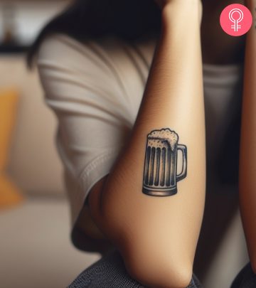 A woman with a beer tattoo on her arm