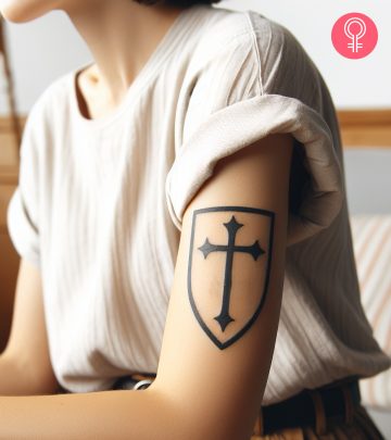 A woman with a crusader cross tattoo on her arm