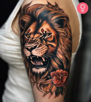 A woman with a fierce lion tattoo on the upper arm
