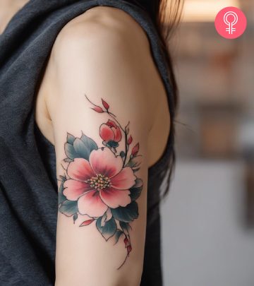A woman with a flower Korean tattoo on her upper arm