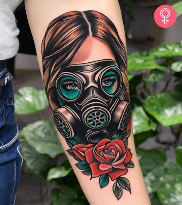 A woman with a gas mask tattoo on her forearm