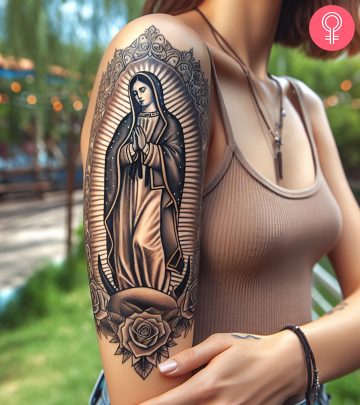 A woman with a la virgen de guadalupe tattoo on her upper arm