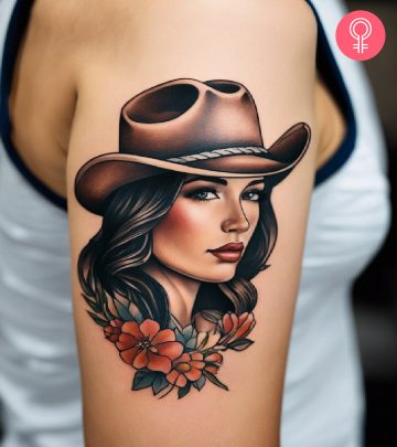 Cowgirl tattoo on the upper arm of a woman