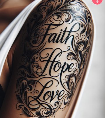Faith hope love tattoo on the upper arm of a woman