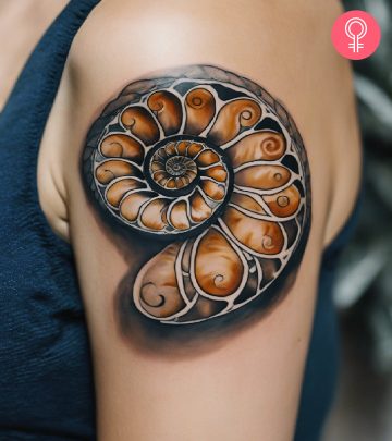 Ammonite tattoo design on the arm of a woman