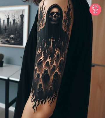 An underworld tattoo on the upper arm