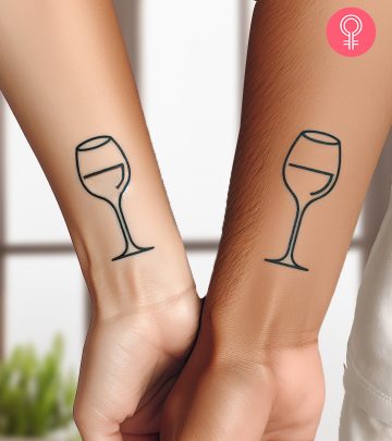 Matching wine glass tattoo on the wrist of best friends.