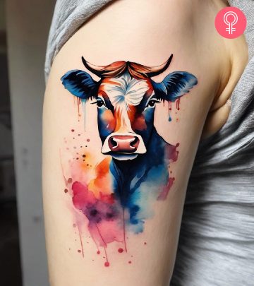 A cow tattoo on the arm of a woman