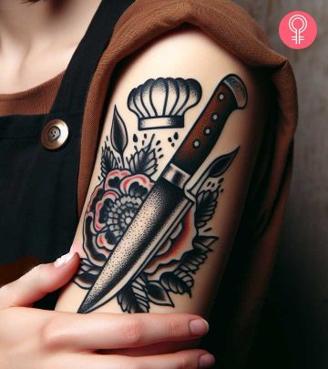 Chef knife tattoo on the arm of a woman