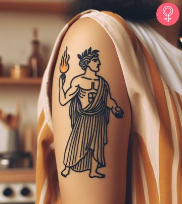 Prometheus with fire tattoo on the upper arm of a woman