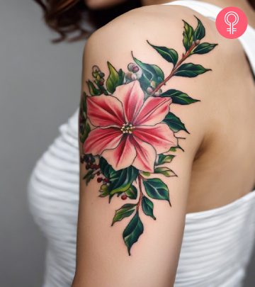 December birth flower tattoo on the upper arm