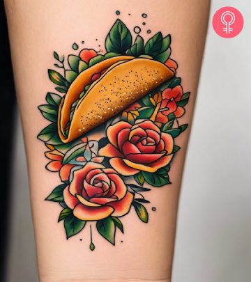 Colorful taco tattoo on the forearm with roses