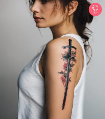 Katana tattoo design on the arm of a woman