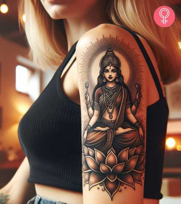 Lakshmi tattoo on the upper arm