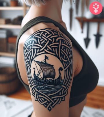 Nordic boat tattoo on a woman’s upper arm