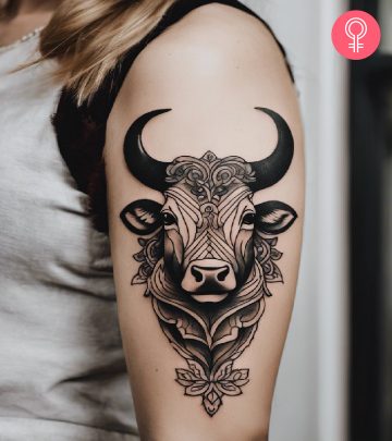 Ox tattoo on the upper arm of a woman
