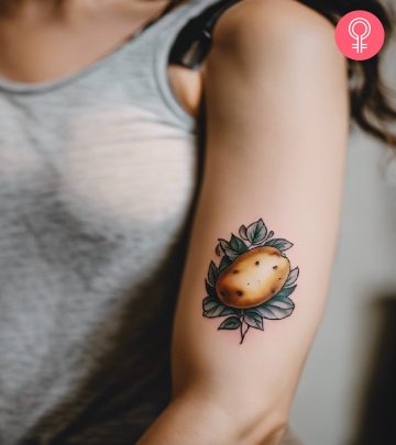 Potato tattoo on the arm of a woman