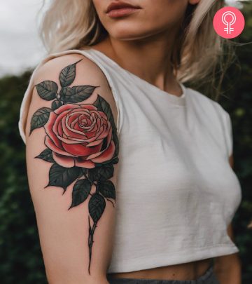Woman with a healing trauma rose tattoo on the upper arm
