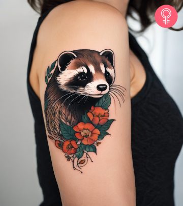 Ferret with flowers tattoo on the upper arm