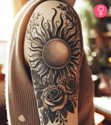 Whimsical sun and roses tattoo on the upper arm