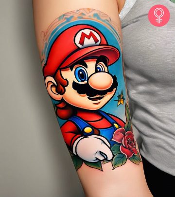 Woman with Mario tattoo on her arm