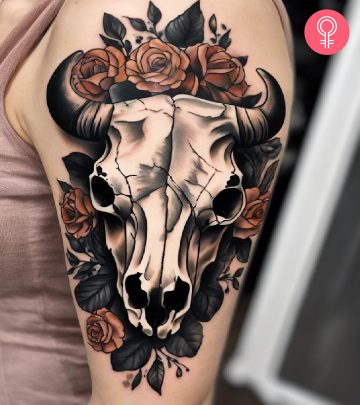 Woman with a bull skull tattoo on the upper arm
