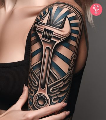 Woman with a wrench tattoo on the upper arm