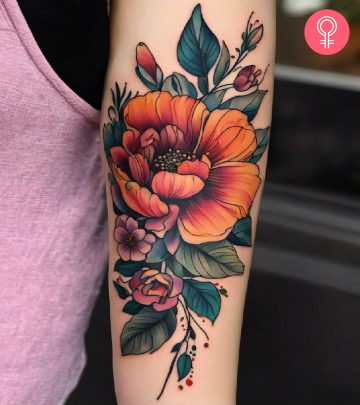 Woman with artistic flower tattoo on her arm