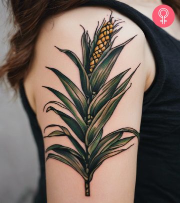 Woman with corn tattoo on her upper arm