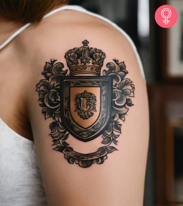 Woman with family crest tattoo on her arm