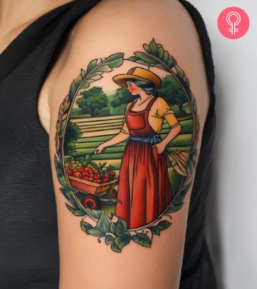 Woman with farming tattoo on her arm