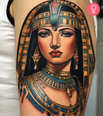 A woman with a colored Cleopatra tattoo on her upper arm