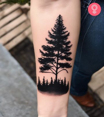 A black ink evergreen tree tattoo on the forearm