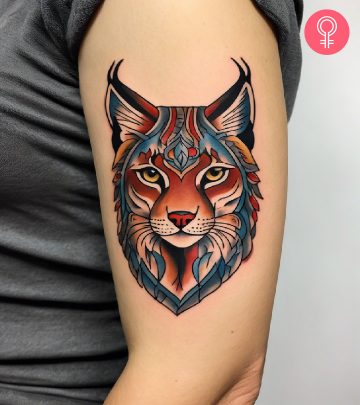 American traditional-style lynx tattoo on the upper arm