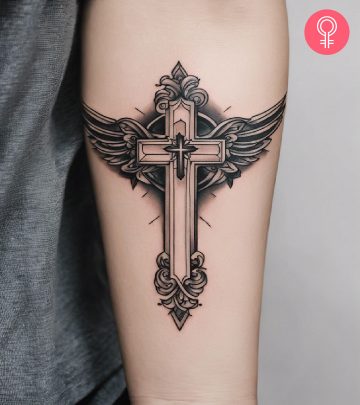 A black and gray cross tattoo with wings inked on the forearm